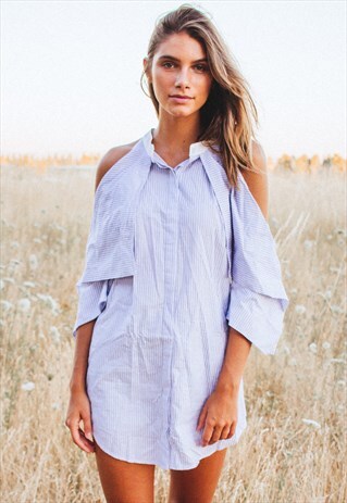 STRIPED COLD SHOULDER SHIRT DRESS