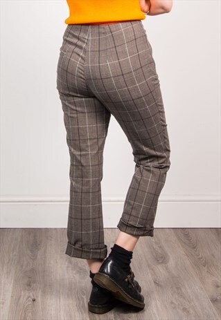 VINTAGE 90'S GREY CHECKED CHECK HIGH WAIST TROUSERS