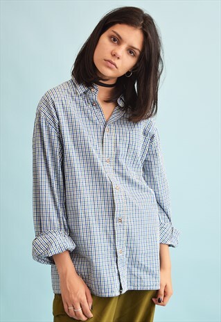 90'S RETRO CHECKED PRINT OVERSIZED BOYFRIENDS SHIRT TOP