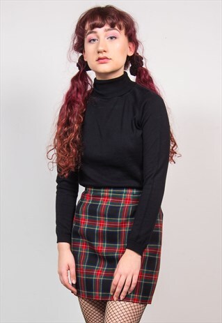 VINTAGE 90'S RED CHECK TARTAN HIGH WAIST MINI SKIRT