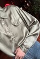 SILVER SATIN BLOUSE, BUTTON UP LONG SLEEVE GREY SILKY SHIRT