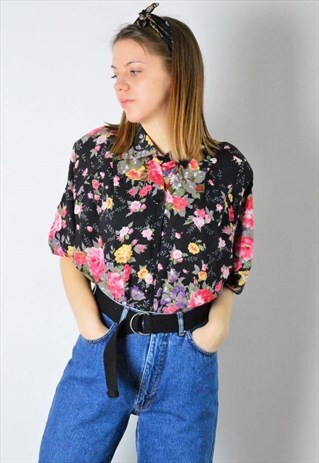 VINTAGE 90S BLACK SHIRT WITH COLOURFUL FLOWER