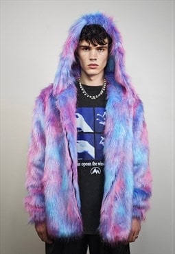 Neon faux fur jacket detachable hood festival coat blue pink