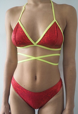 RED HOLOGRAPHIC BIKINI TOP WITH YELLOW STRAPS