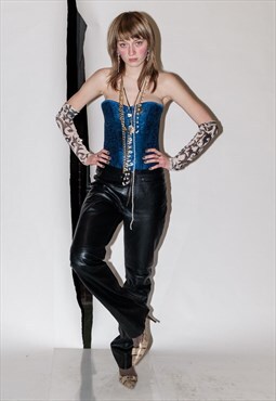 90's Vintage chic straight soft leather trousers ink black