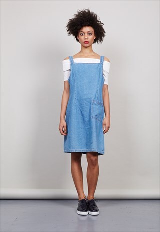 VINTAGE MID WASH DENIM PINAFORE DRESS