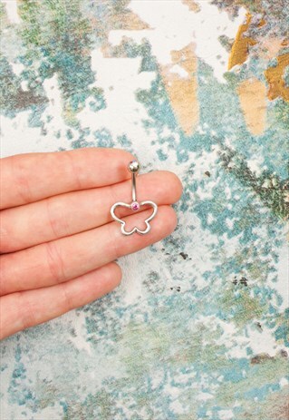 SILVER BUTTERFLY BELLY BAR PINK CRYSTAL GEM DAINTY PRETTY