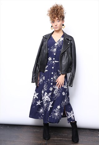 VINTAGE 90S NAVY WHITE FLORAL MIDI BUTTON DRESS