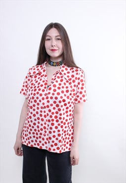 Vintage polka dot blouse, white secretary blouse, Size M