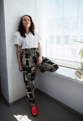 VINTAGE 80'S KHAKI PATTERNED WIDE TROUSERS