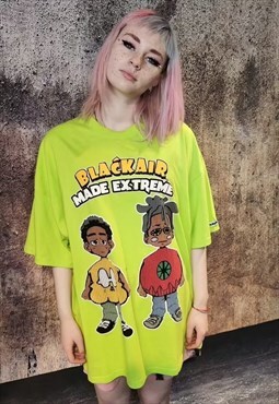 Rapper print tee Hip-hop applique cartoon t-shirt neon green