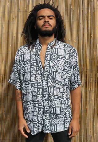 VINTAGE SHIRT GRANDAD COLLAR ABSTRACT DESIGN