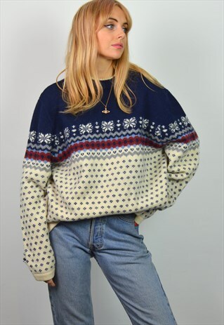 VINTAGE NAVY & CREAM PATTERN OVERSIZE WOOL JUMPER