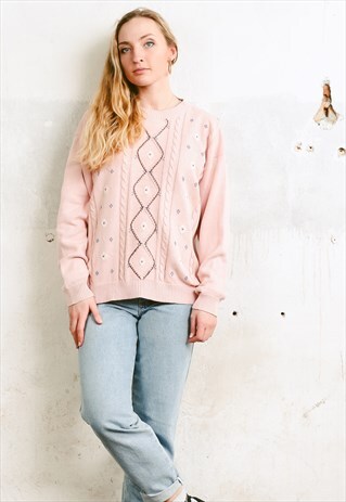VINTAGE 90S FEMININE CABLE KNIT SWEATER IN PALE PINK