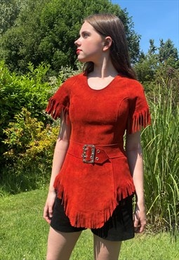 70's/60's Vintage Ladies Red Suede Fringed Tunic Top