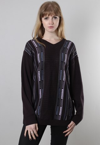 VINTAGE 90S AUBERGINE TEXTURED KNIT PATTERNED JUMPER