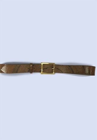 BROWN LEATHER ANIMAL TEXTURED GOLD BUCKLE WAIST HIP BELT