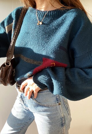 VINTAGE 80S HOCKEY PLAYER GRAPHIC KNIT OVERSIZED JUMPER