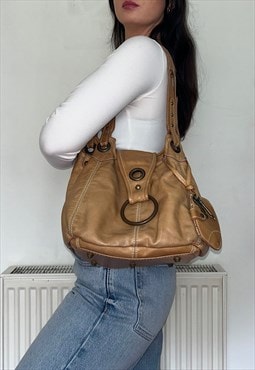Tan Brown Leather Vintage Slouchy Shoulder Bag