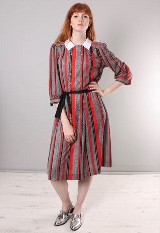 VINTAGE 70S STRIPE PATTERNED COLLARED BUTTON DRESS