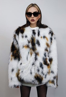 Spot print collarless faux fur coat leopard jacket overcoat 
