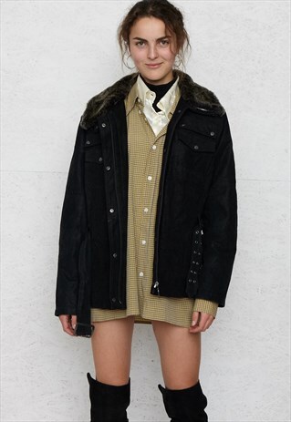 VINTAGE OVERSIZED BLACK LEATHER FAUX FUR JACKET