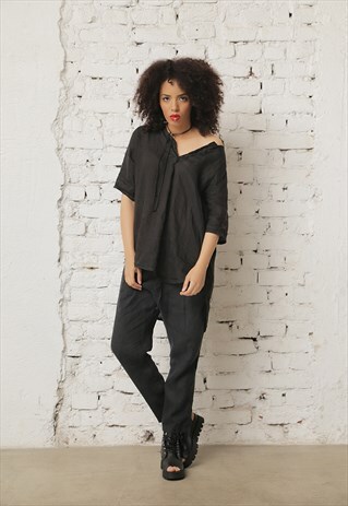 BLACK LINEN PANTS, SUIT TROUSERS, MINIMALIST PANTS