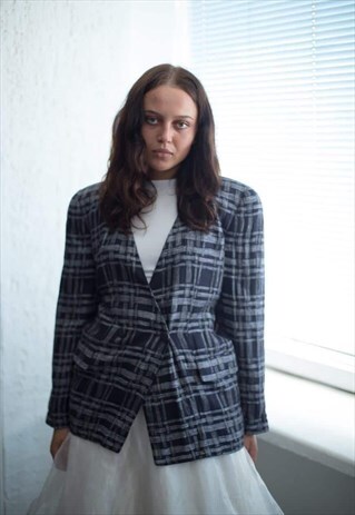 VINTAGE 80'S BLACK CHECKED LINEN DOUBLE BREASTED JACKET