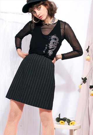 VINTAGE SKIRT 90S VERTICAL STRIPED GREY GRUNGE SUIT SKIRT