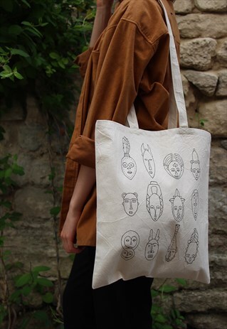 HAND PAINTED 12 AFRICAN MASKS CANVAS TOTE BAG