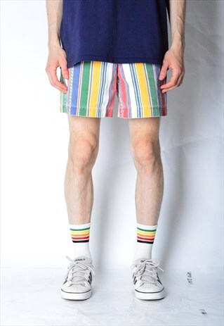 VINTAGE 80S UNISEX COLOURFUL STRIPED DENIM SHORTS