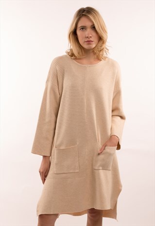 WOOL BLEND KNITTED RIBBED DESIGN OVER-SIZED DRESS