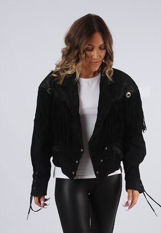 SUEDE LEATHER FRINGE TASSEL JACKET VINTAGE UK 12 (A9EP)