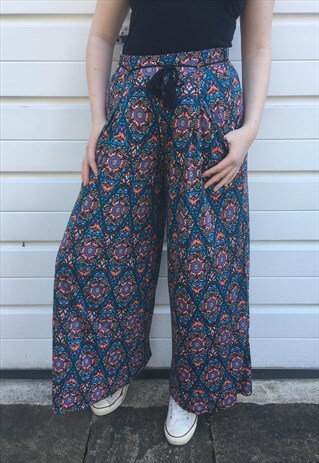 WOMENS BOHO TROUSERS FLORAL FESTIVAL HIPPIE FLOATY PANTS