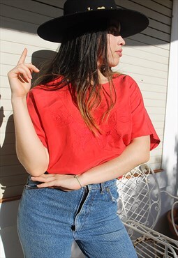 Red Floral Embroidered Short Sleeve Top