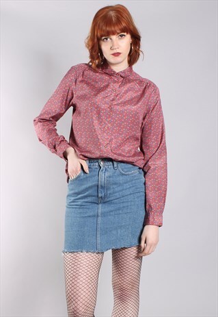 VINTAGE 70S PATTERNED SATIN ROUND COLLAR BLOUSE