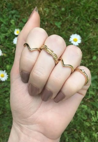 WOMENS BOHO GOLD COLOUR FEATHER GEOMETRIC PLAIN RING SET