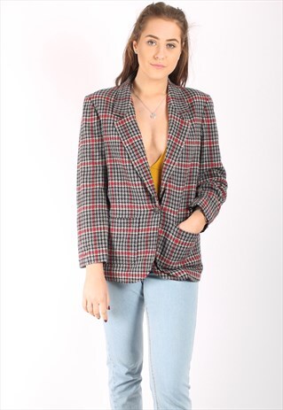 VINTAGE 80S PENDLETON BLAZER JACKET IN GREY WOOL PLAID CHECK