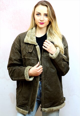 1980S VINTAGE LIGHT BROWN LEATHER OVERSIZED AVIATOR JACKET