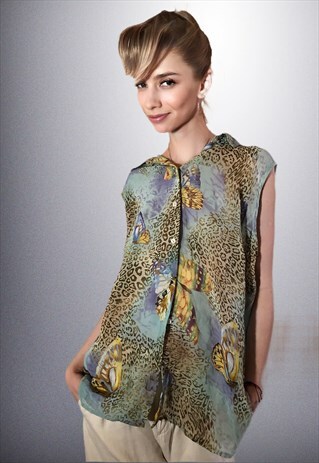 90S VINTAGE SEE-THROUGH BUTTERFLY PATTERNED SLEEVELESS SHIRT