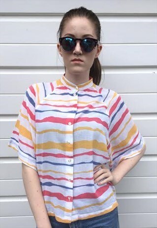 WOMENS VINTAGE JAEGER TOP COLOURFUL STRIPY BATWING BLOUSE