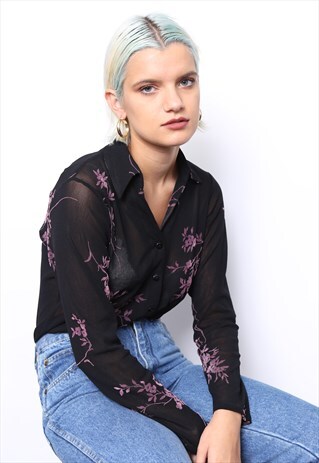 VINTAGE 90S SHEER BLACK FLORAL PRINT OVERSIZED SHIRT