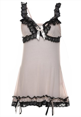 VINTAGE PEACH & BLACK LACE TRIM & BOW DETAIL BABYDOLL - M