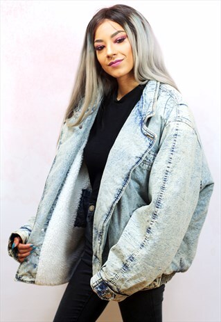 1990S VINTAGE WASHED OUT DENIM SHERPA PUFFER JACKET
