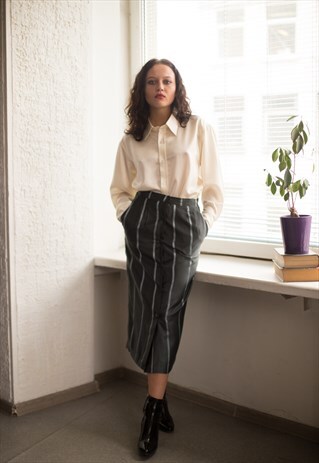 VINTAGE 90'S GREY STRIPED BUTTONS UP MIDI SKIRT