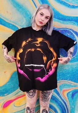 Flame print t-shirt rainbow fire dress lighting tee in black