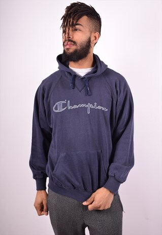 CHAMPION MENS VINTAGE HOODIE JUMPER LARGE BLUE 90'S