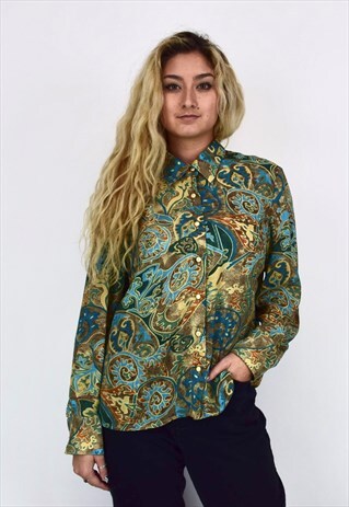 VINTAGE 90'S TURQUOISE, GREEN AND GOLD PATTERNED BLOUSE
