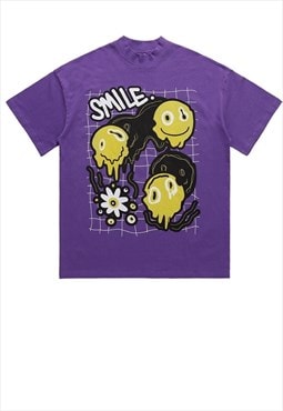 Emoji print t-shirt grunge tee retro raver smile top purple
