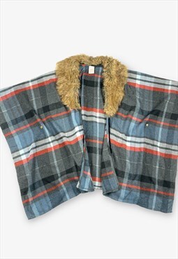 Vintage Checked Wool Cape Poncho Grey/Blue Small BV15547